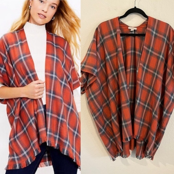 Loft Women's Cardigan Small Orange Plaid Comfy Flannel Contemporary Lagenlook - Picture 1 of 14
